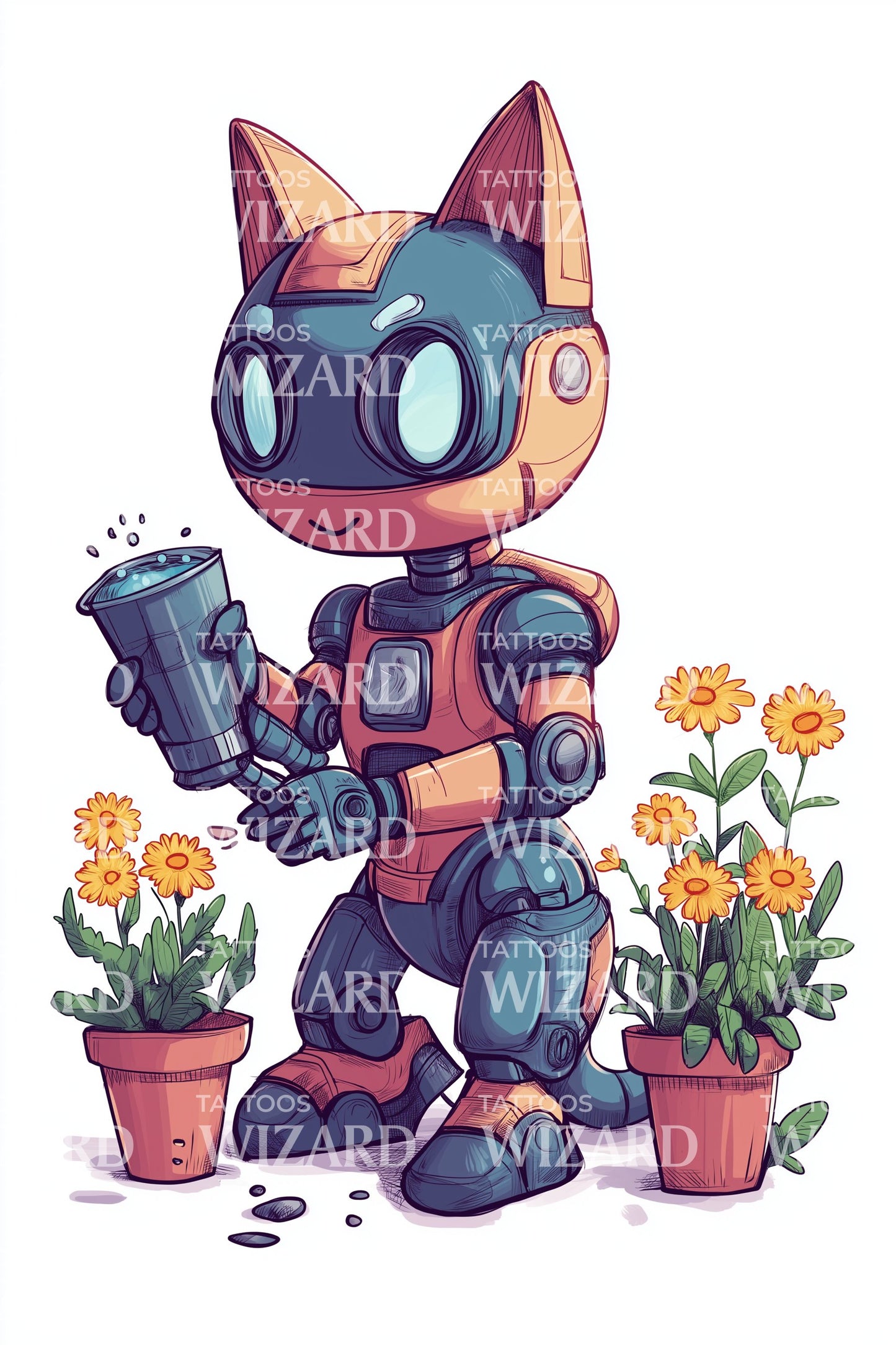 ロボットガーデナー猫のタトゥーイラストレーション