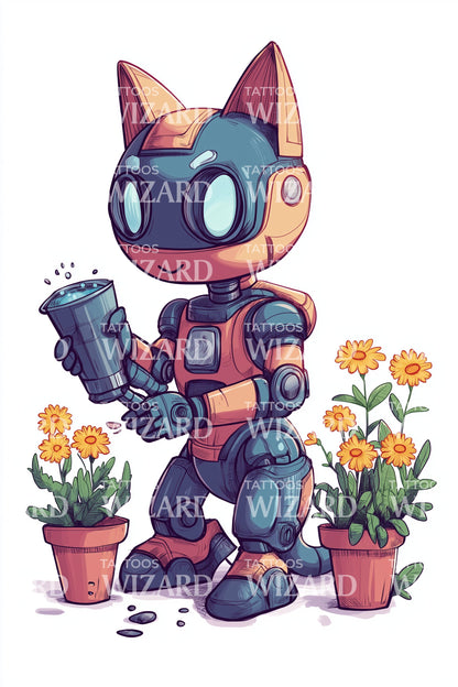 Illustrazione Tatuaggio Gatto Giardiniere Robot