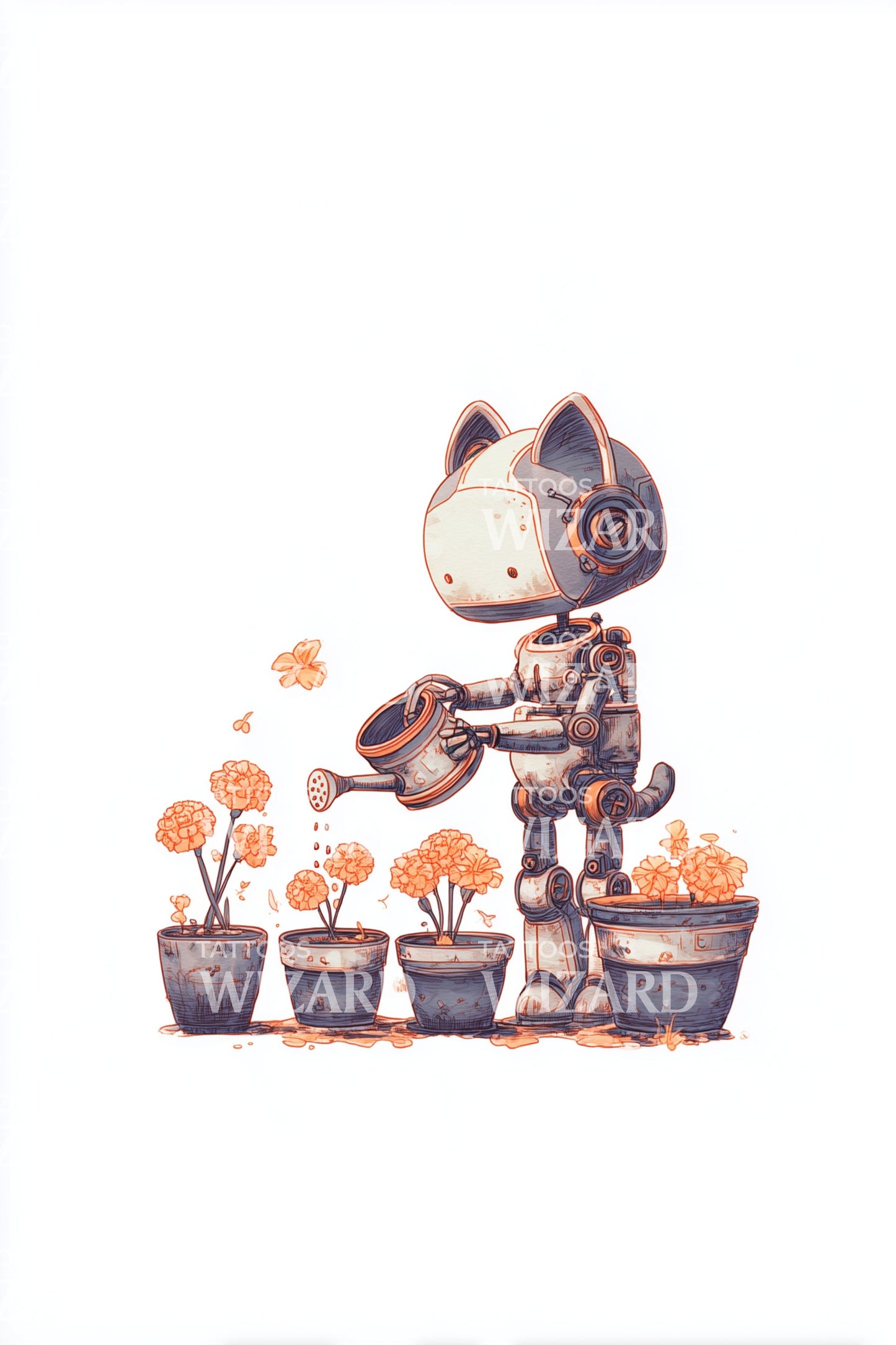 Ilustração de Tatuagem de Gato Plantando Robô