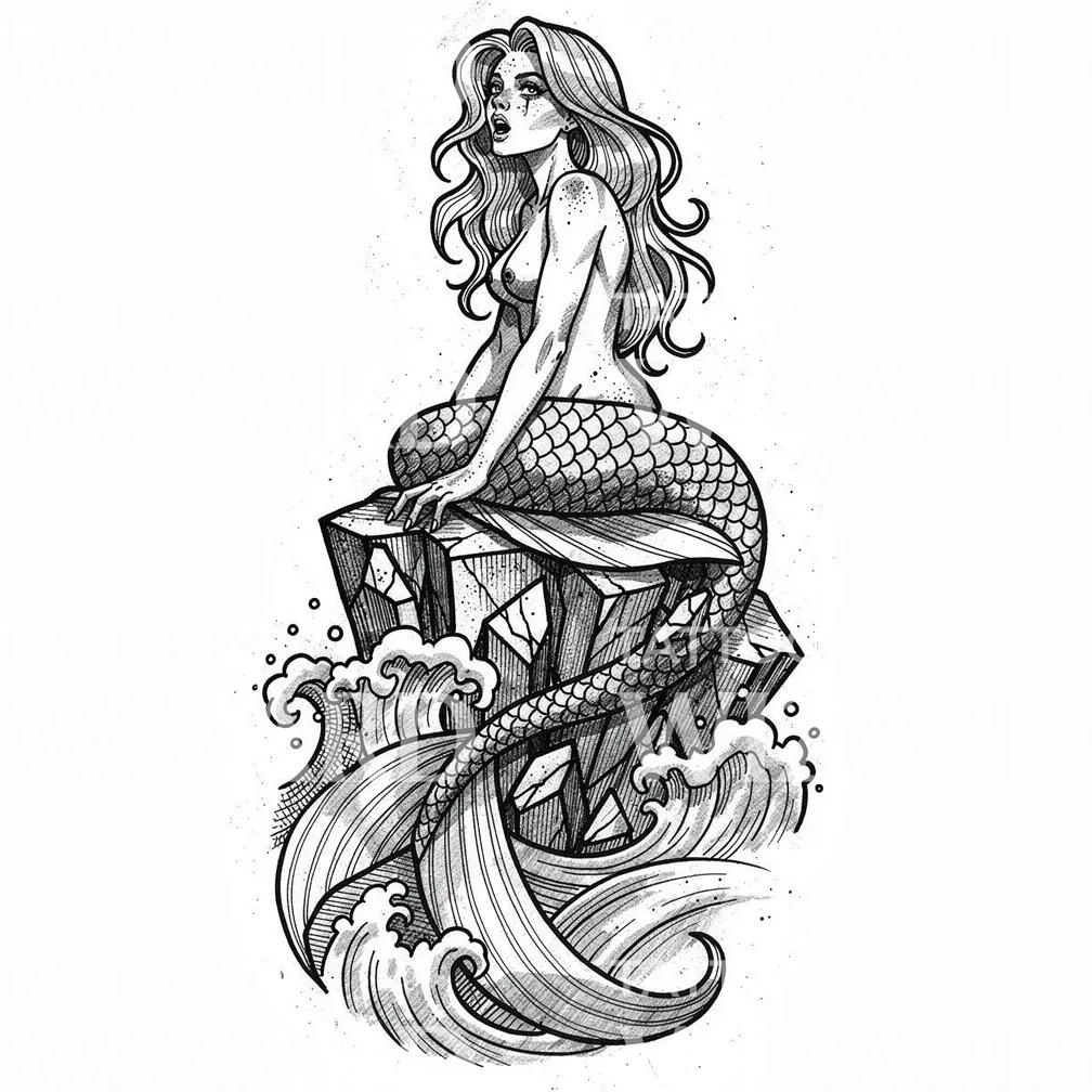 Rocky Mermaid Tattoo Illustration