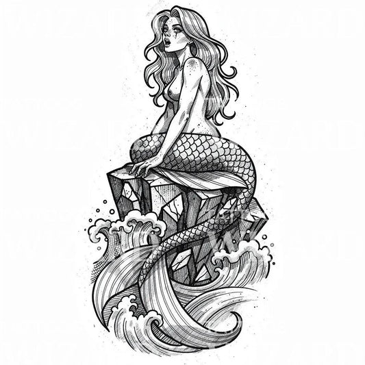 Rocky Mermaid Tattoo Illustration