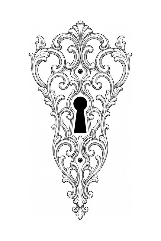 Design per tatuaggio di toppa rococò con buco della serratura