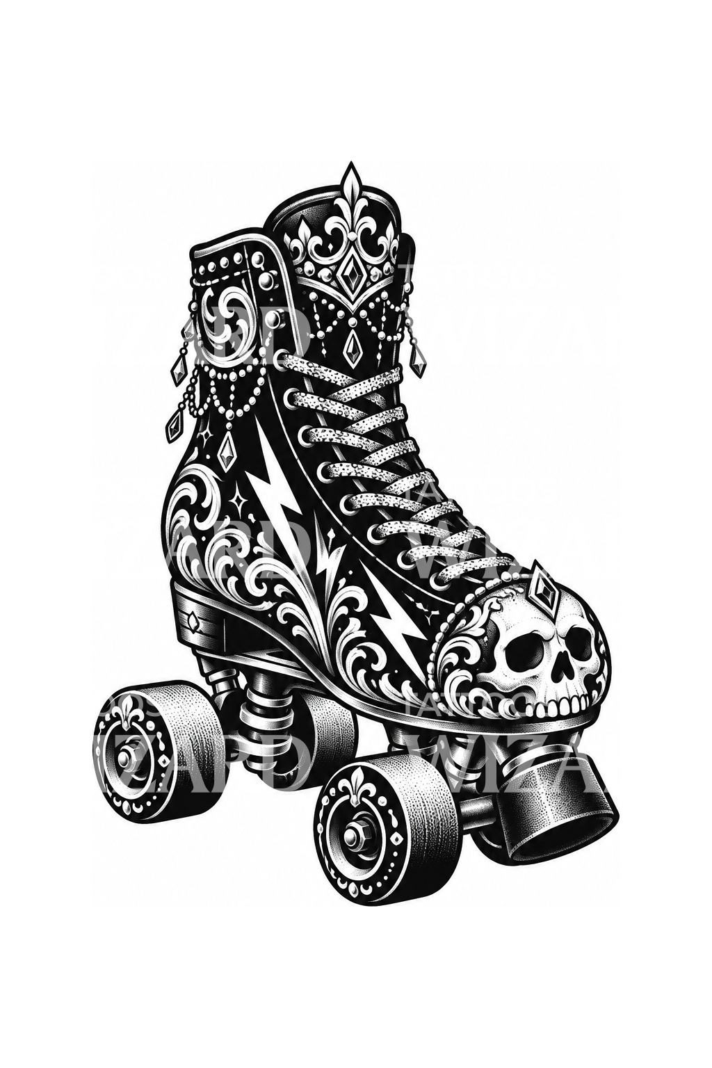 Rollerderby-luistimen pääkallo ja salamatatuointi