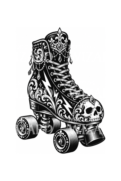 Rollerderby-luistimen pääkallo ja salamatatuointi