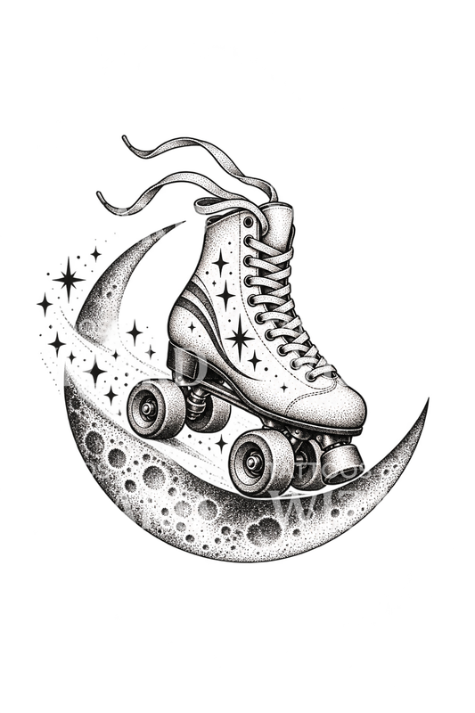 Roller Skate on Crescent Moon Dotwork Tattoo Idea