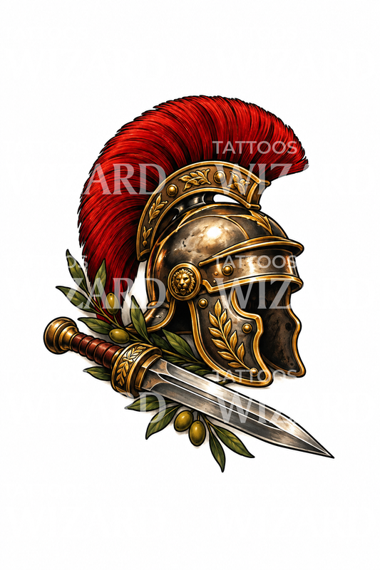 Tatuaż rzymskiego hełmu centuriona i miecza gladius