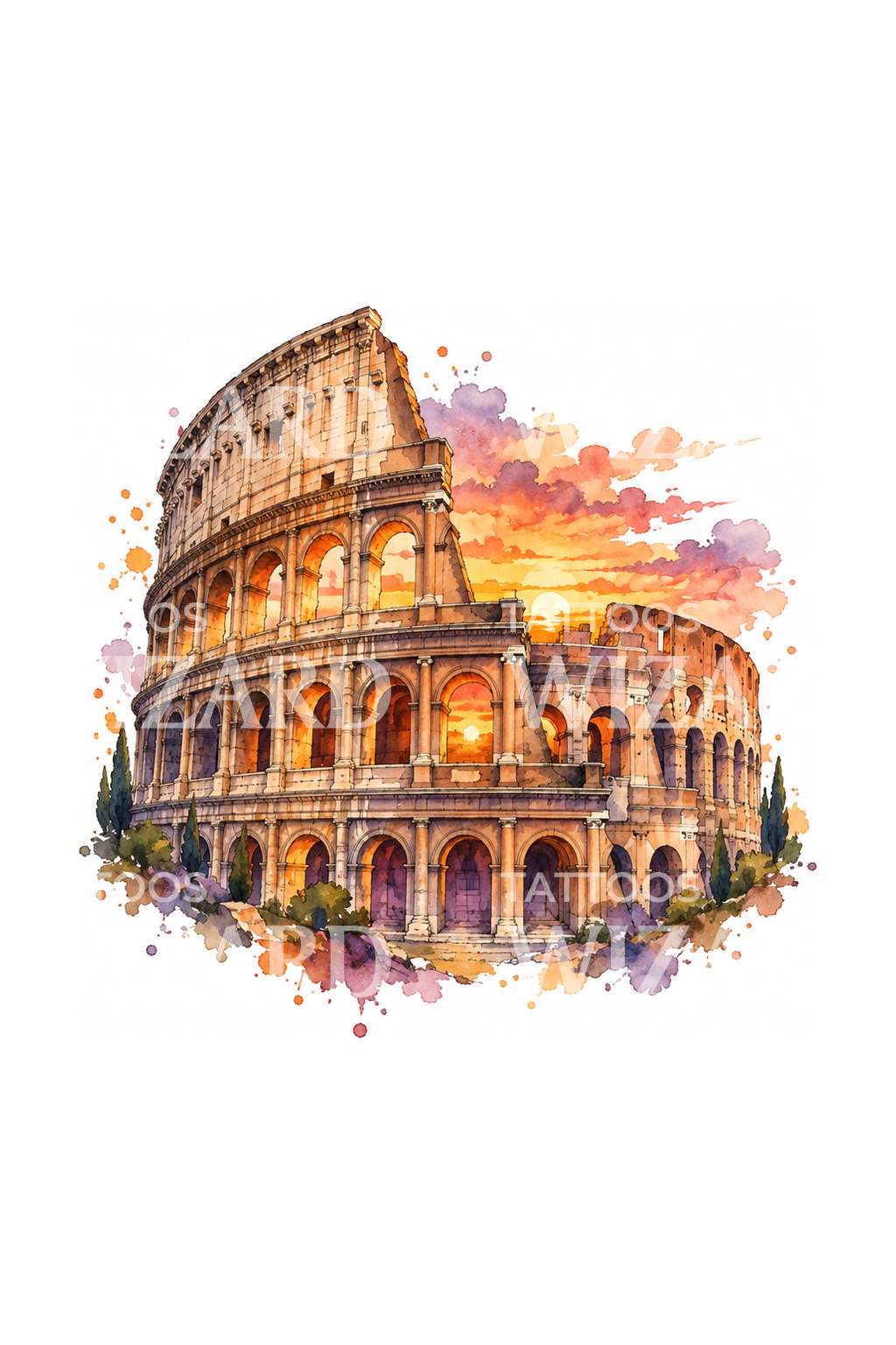 Desain Tato Colosseum Romawi Saat Matahari Terbenam dengan Cat Air