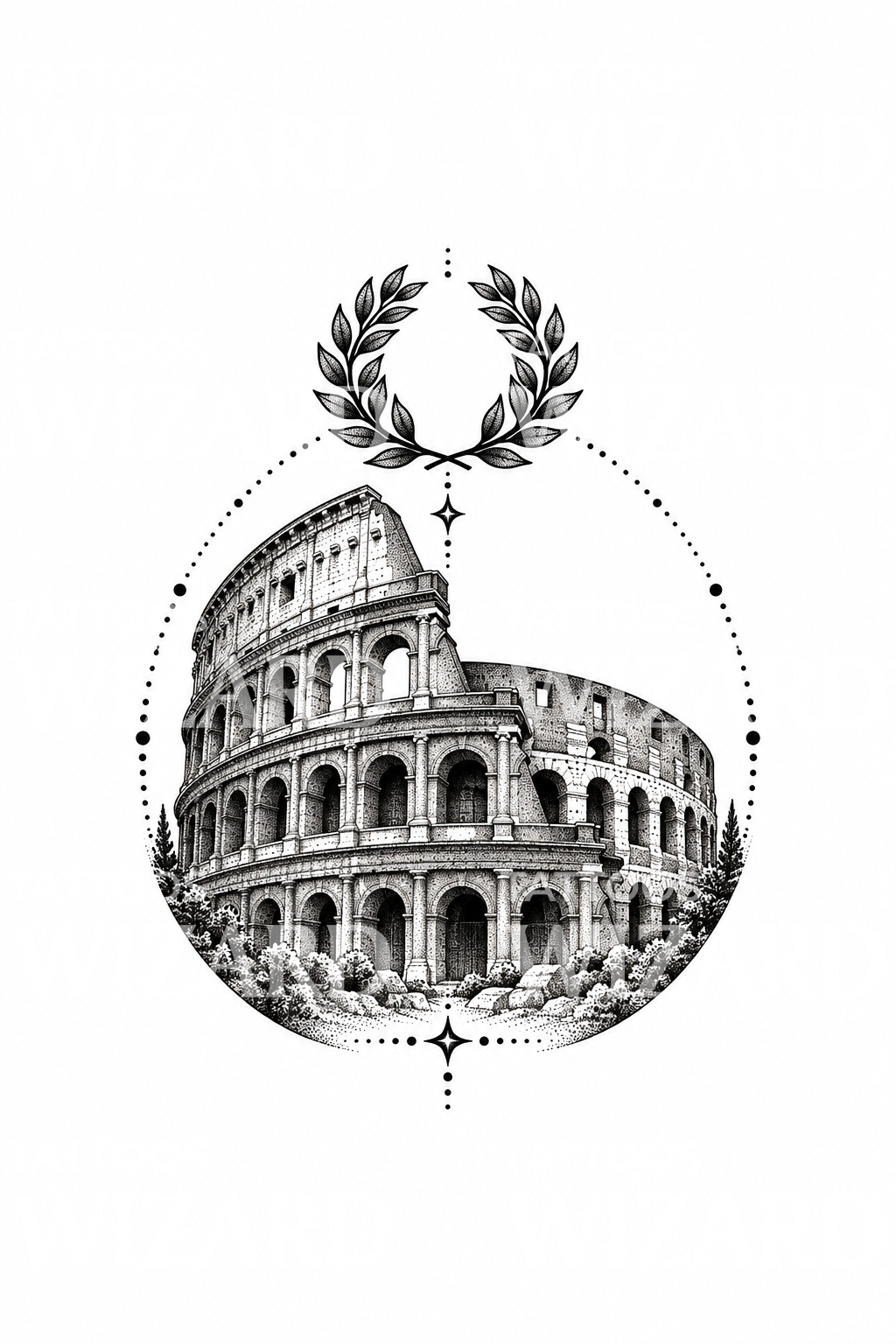 Tatuaggio dotwork del Colosseo romano con corona d’alloro