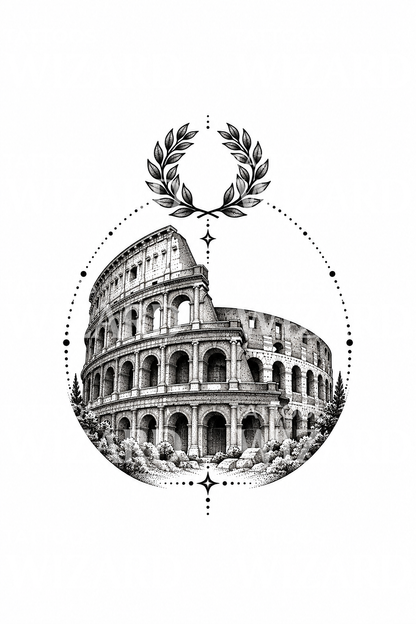 Tatuaggio dotwork del Colosseo romano con corona d’alloro