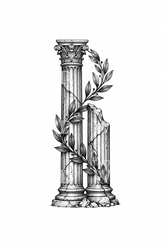 Defne yapraklı dotwork Roma sütunları dövmesi