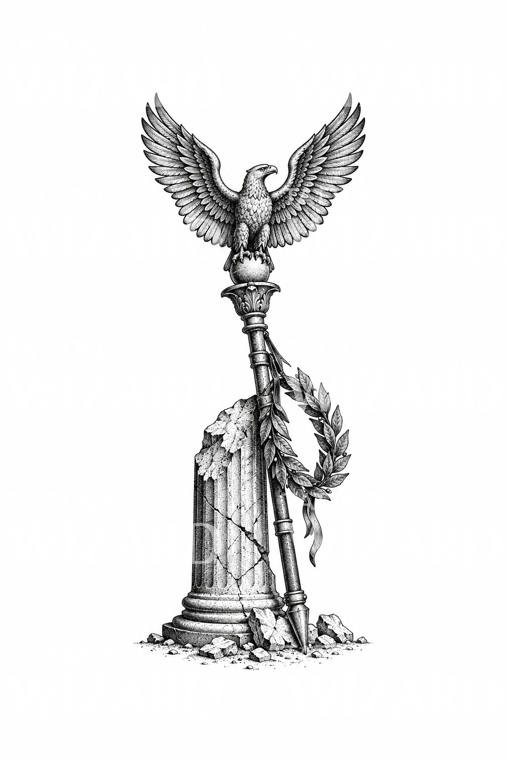 Romeinse adelaarstandaard op gebroken zuil in dotwork-tatoeage