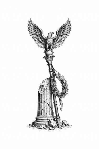 Romeinse adelaarstandaard op gebroken zuil in dotwork-tatoeage