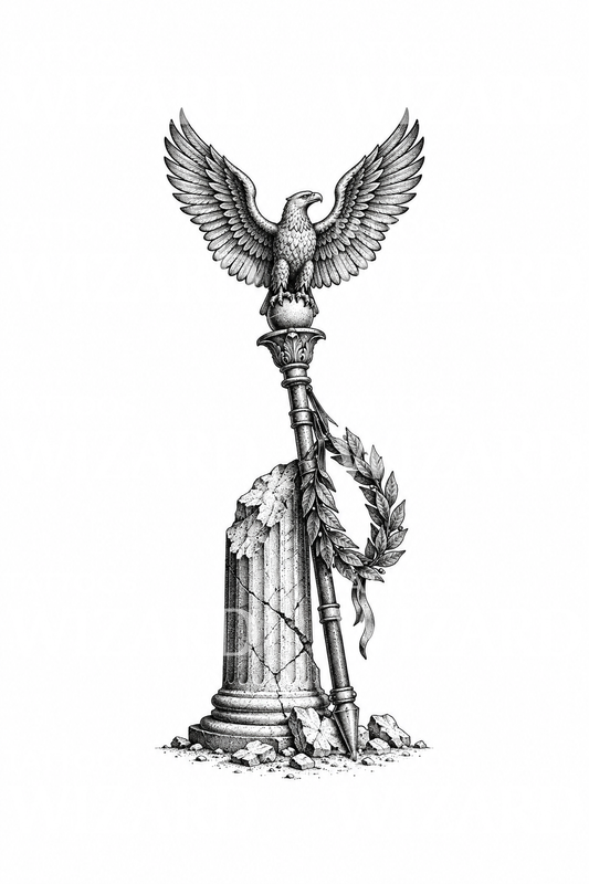 Águila romana sobre columna rota en tatuaje dotwork