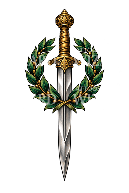 Idea per tatuaggio con gladio romano e corona d’alloro
