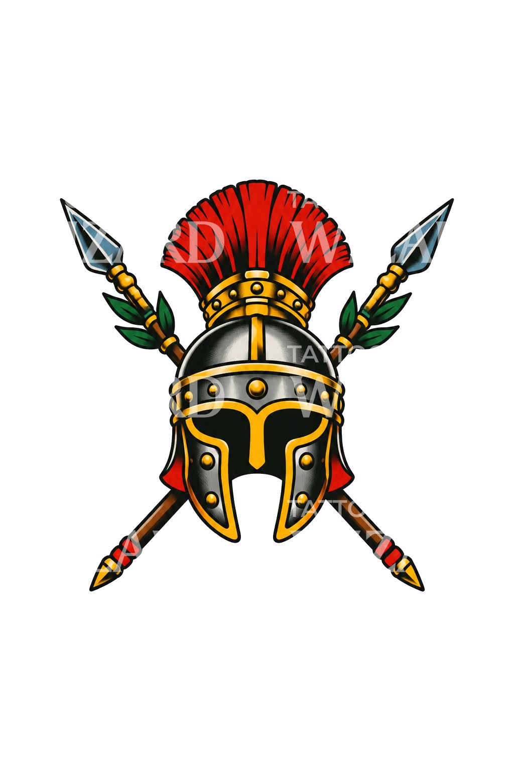 Tattoo-Design mit römischem Legionärshelm und gekreuzten Speeren