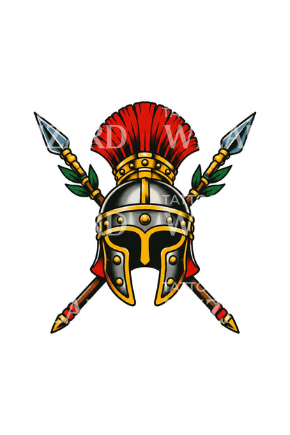 Tattoo-Design mit römischem Legionärshelm und gekreuzten Speeren