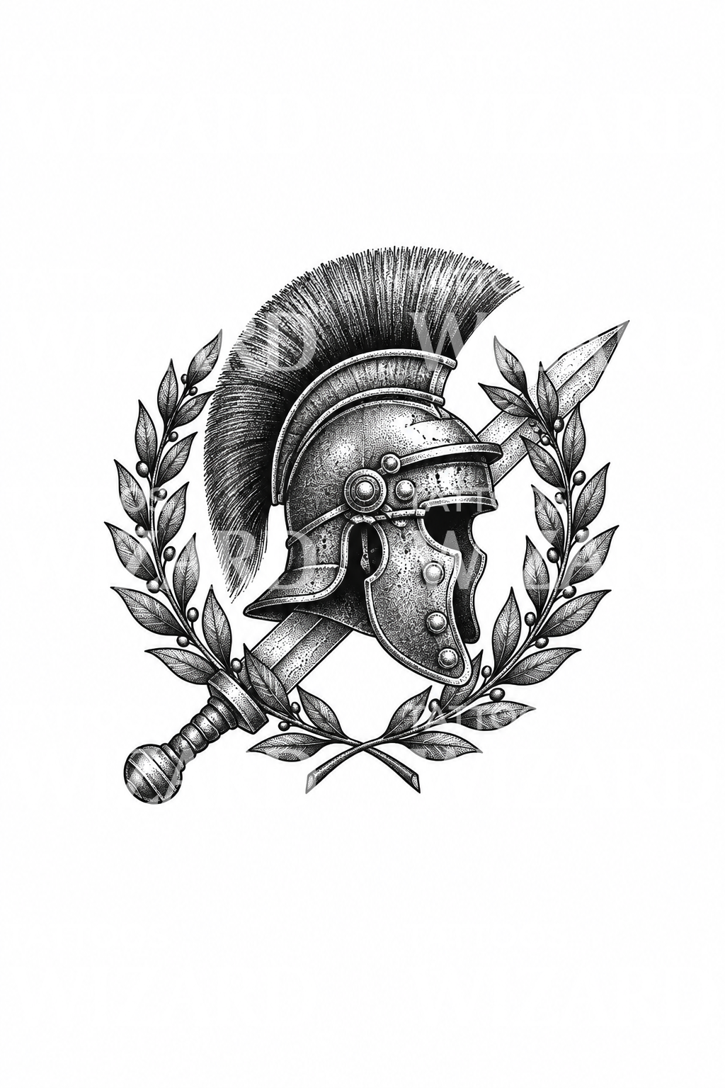 Roman Legionary Helmet in Laurel Wreath with Gladius Tattoo