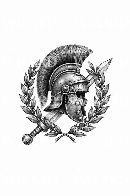 Roman Legionary Helmet in Laurel Wreath with Gladius Tattoo