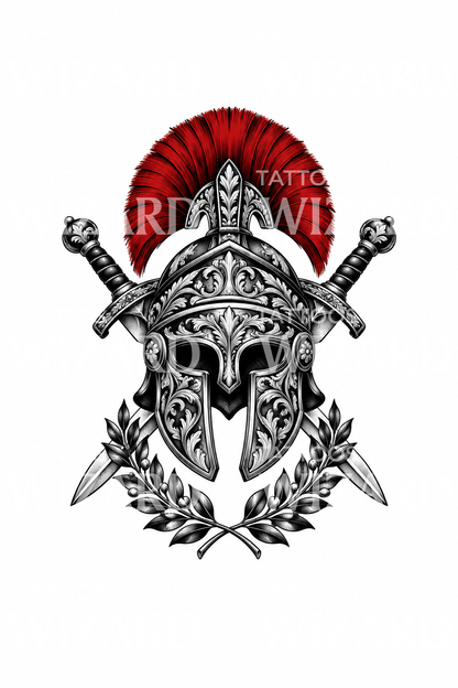 Roman Legionary Helmet with Gladius Swords Tattoo Design