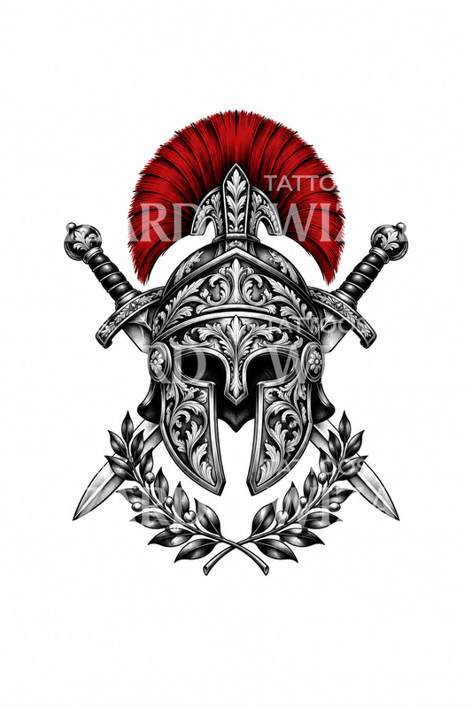 Desain Tato Helm Legiun Romawi dengan Pedang Gladius