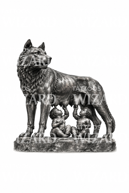 Tato Serigala Betina Romawi dengan Romulus dan Remus