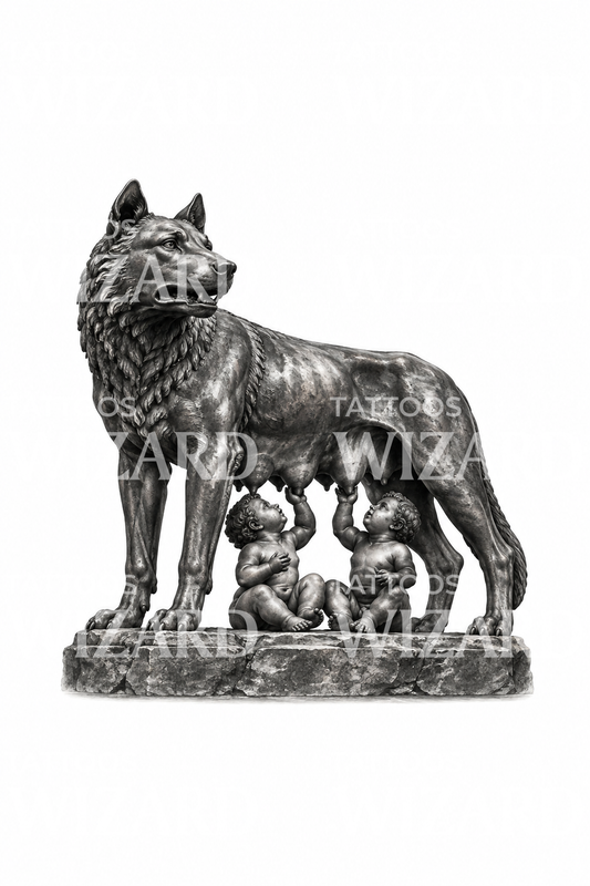 Tato Serigala Betina Romawi dengan Romulus dan Remus