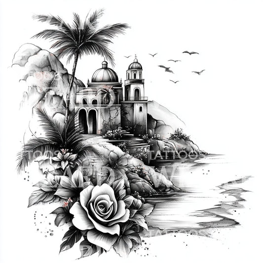 Romantic Seaside Chapel Tattoo Idea