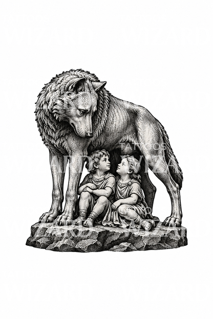 Romulus en Remus met de Capitolijnse wolvin, tatoeageontwerp