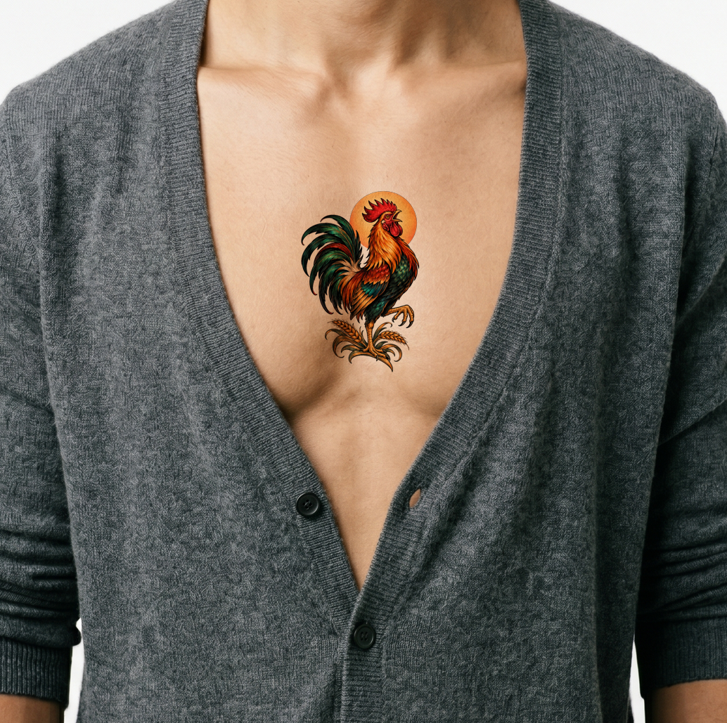 Tatoveringsdesign med galende hane ved daggry