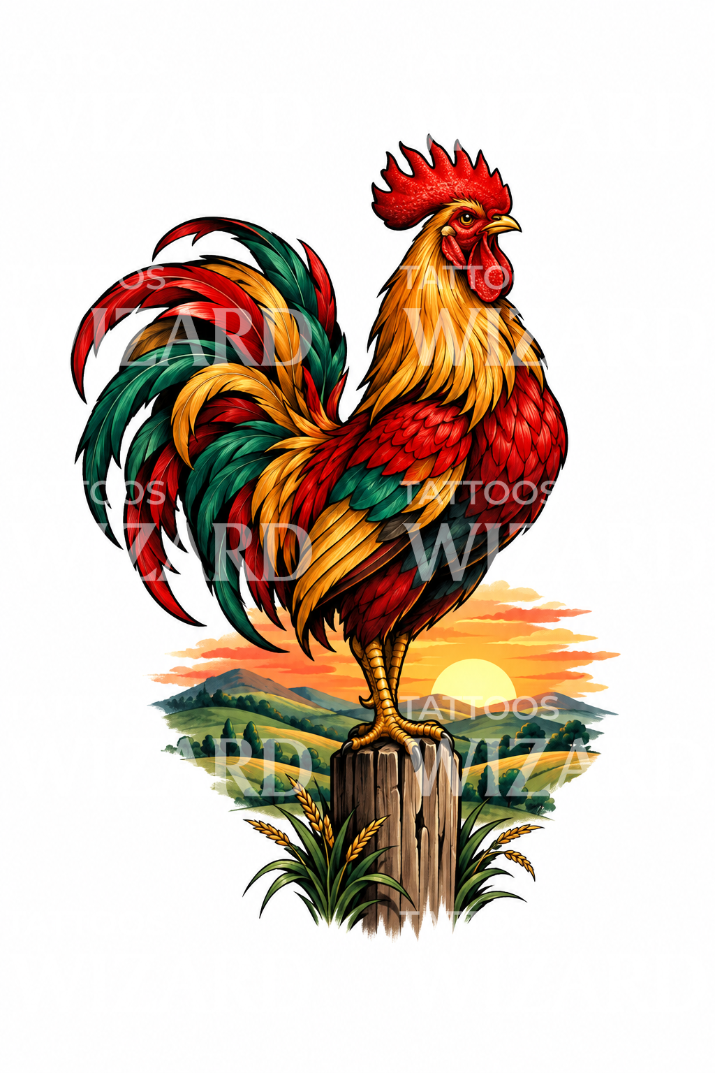 Tatuaggio neotradizionale di un gallo su un palo all’alba