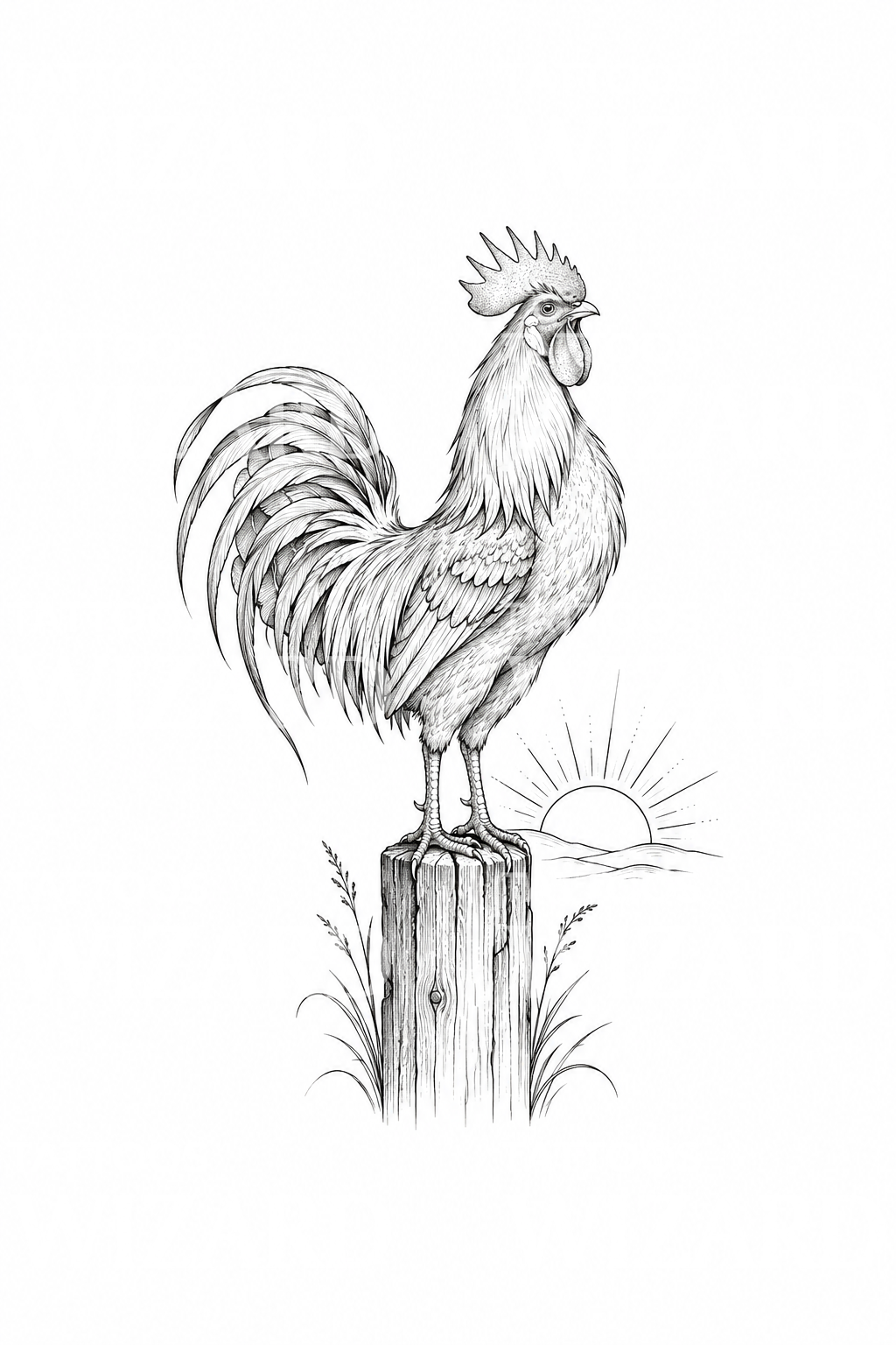 Ide Tato Ayam Jantan di Tiang Pagar Saat Matahari Terbit