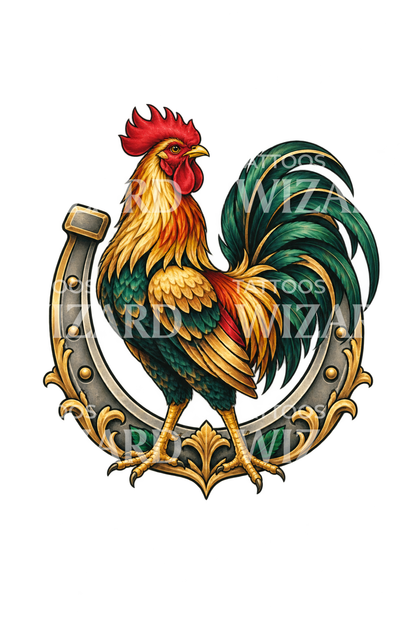 Rooster with Lucky Horseshoe Neo Traditional Tattoo
