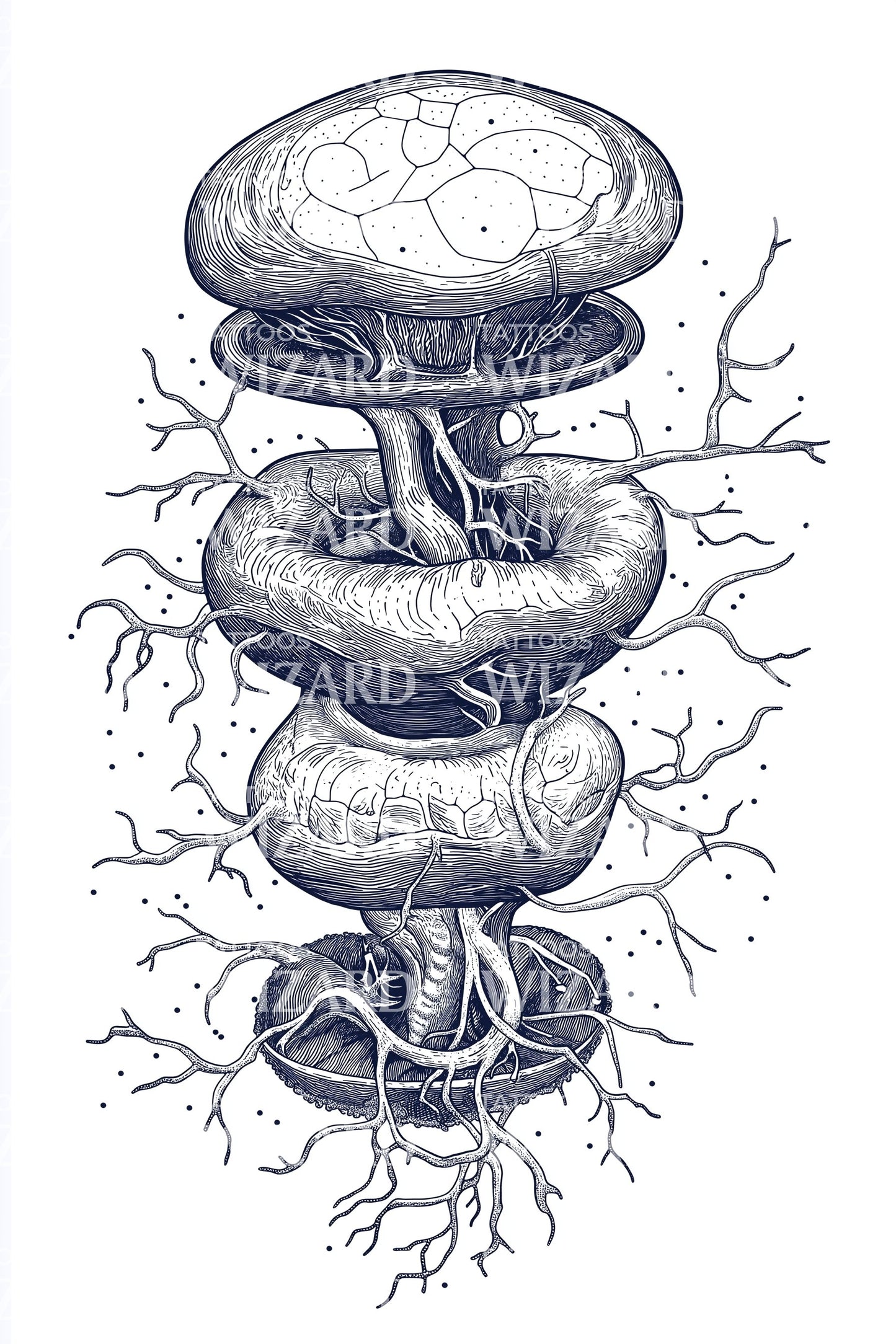Rooted Mushroom Totem Tattoo Illustration
