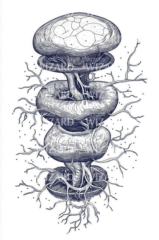 Rooted Mushroom Totem Tattoo Illustration