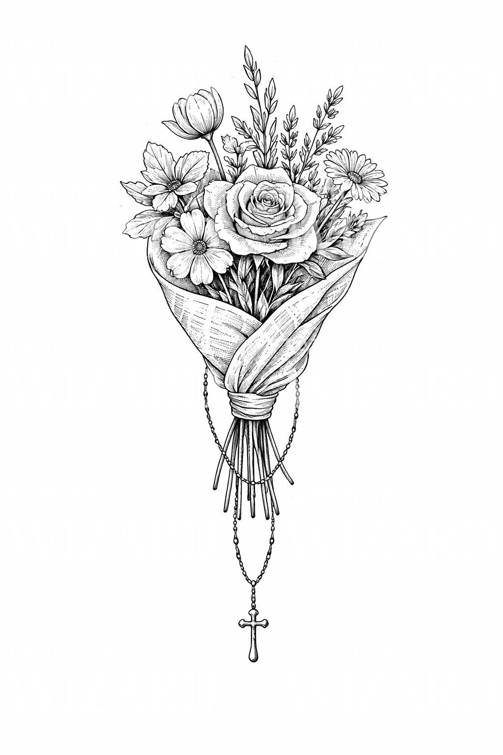 Rosary Bouquet Tattoo Design