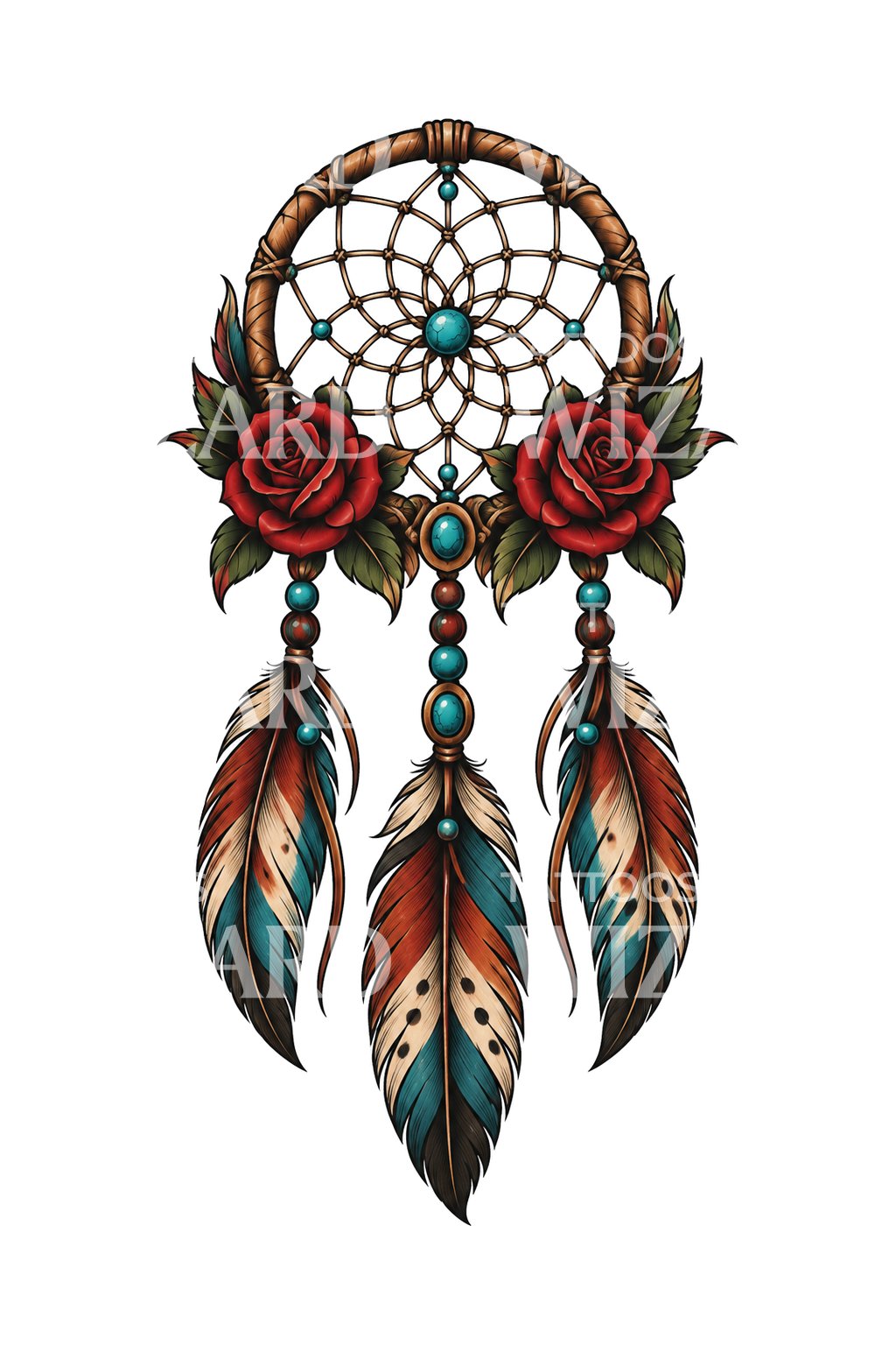 Rose and Feather Dreamcatcher Tattoo Illustration