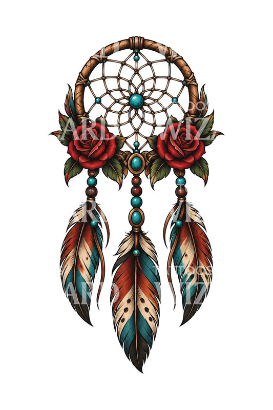 Rose and Feather Dreamcatcher Tattoo Illustration
