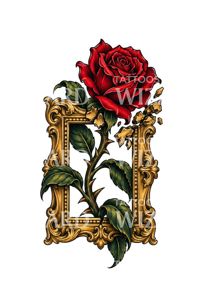 Rose Breaking Through Gilded Frame Tattoo Design (es)