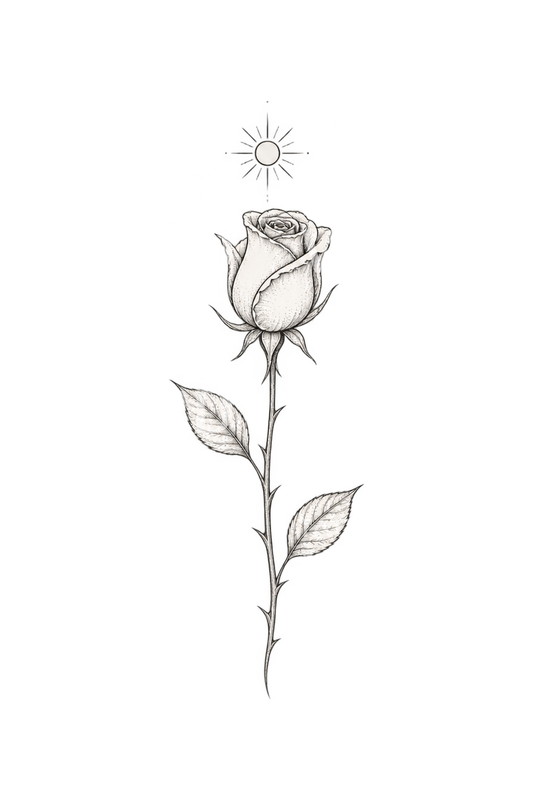 Tatuaggio fine line con bocciolo di rosa e piccolo sole