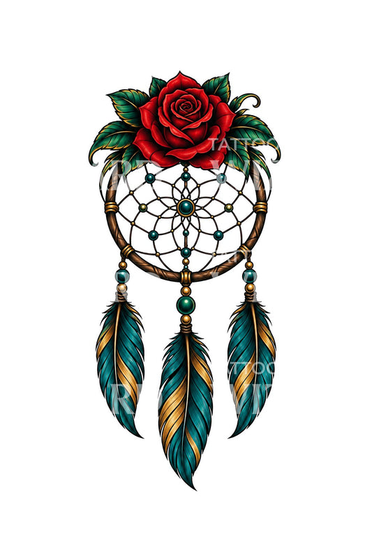 Neo-Traditional-Tattoo mit rosenbekröntem Traumfänger