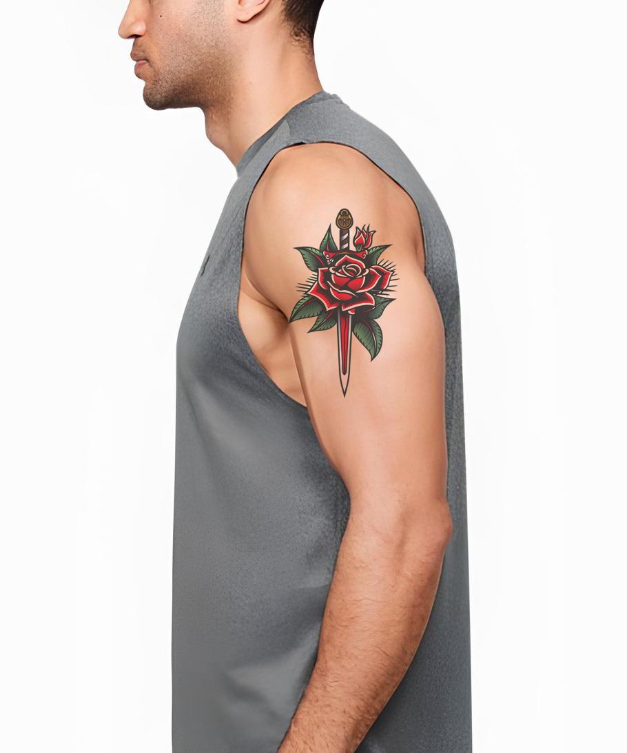 Design de Tatuagem Tradicional de Rosa e Adaga