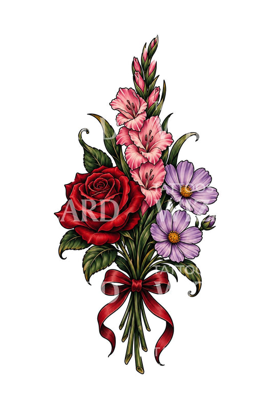 Tattoo-Design Blumenstrauß aus Rose, Gladiole und Kosmee