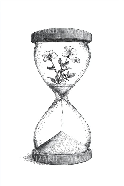Diseño de tatuaje de reloj de arena con rosa
