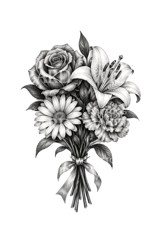 Rose Lily Daisy Carnation Keepsake Bunch Tattoo Design