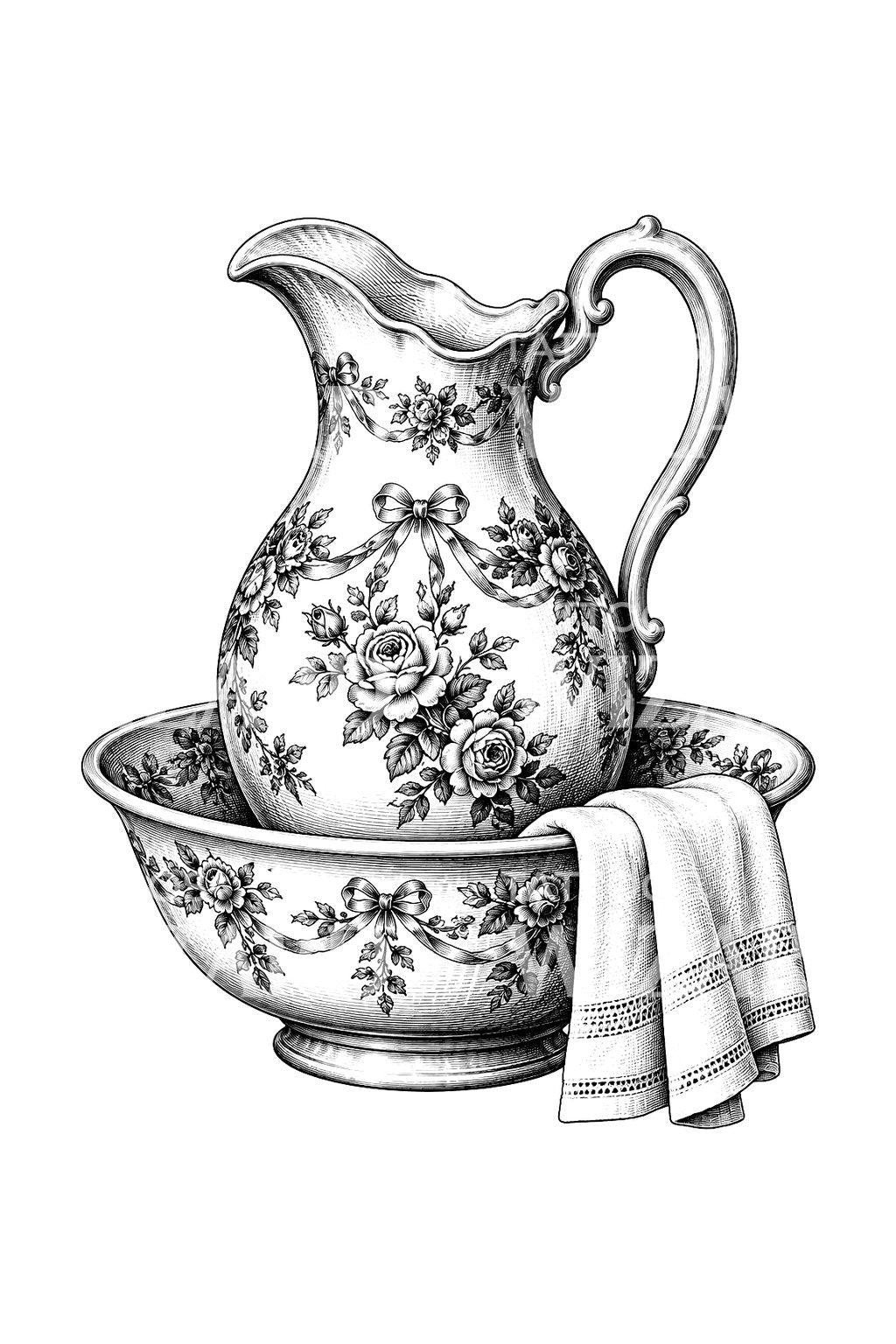 Illustrazione per tatuaggio di brocca e bacinella con rose
