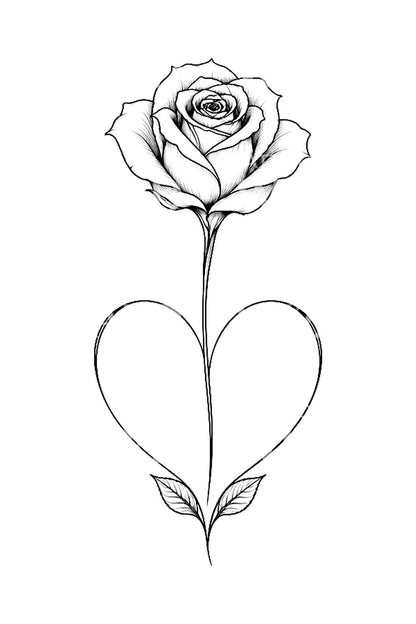 Rose with Heart Shaped Stem Tattoo Design