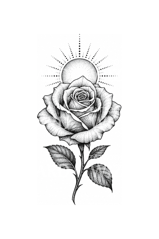 Tatouage dotwork de rose avec soleil levant