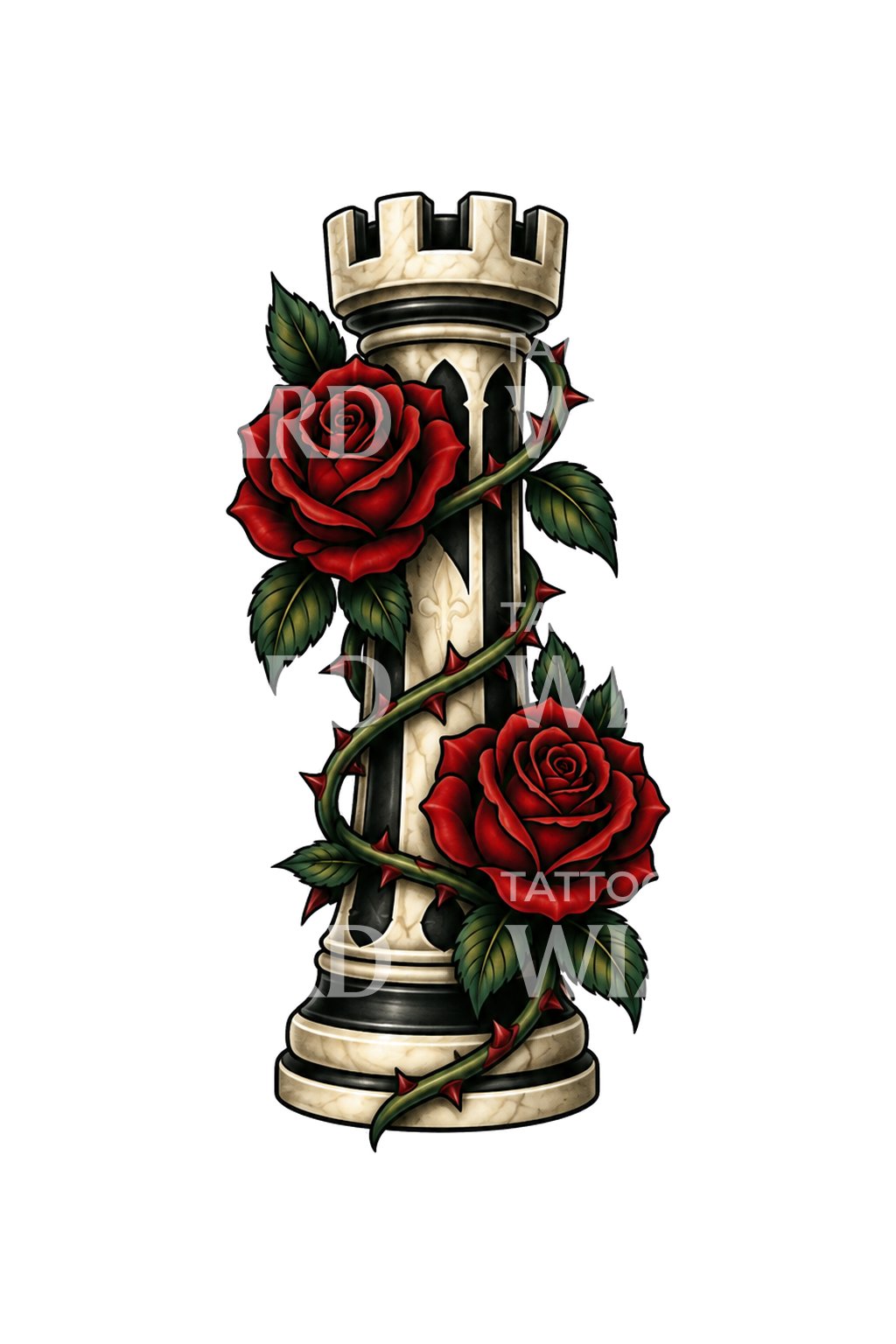 Rose Wrapped Castle Rook Chess Tattoo Illustration