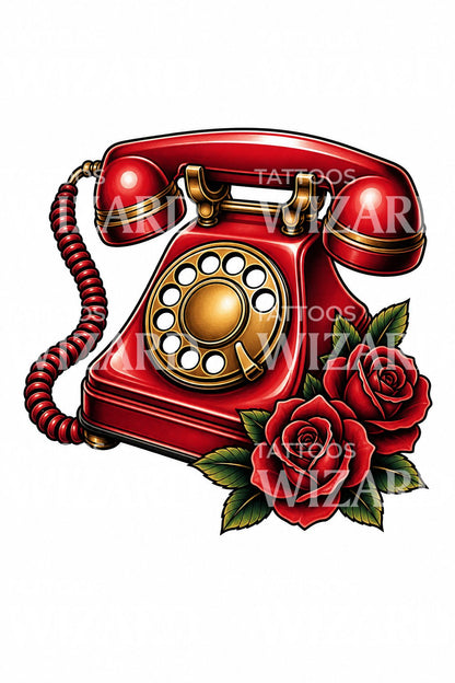 Tetovací design s rotačním telefonem a růžemi