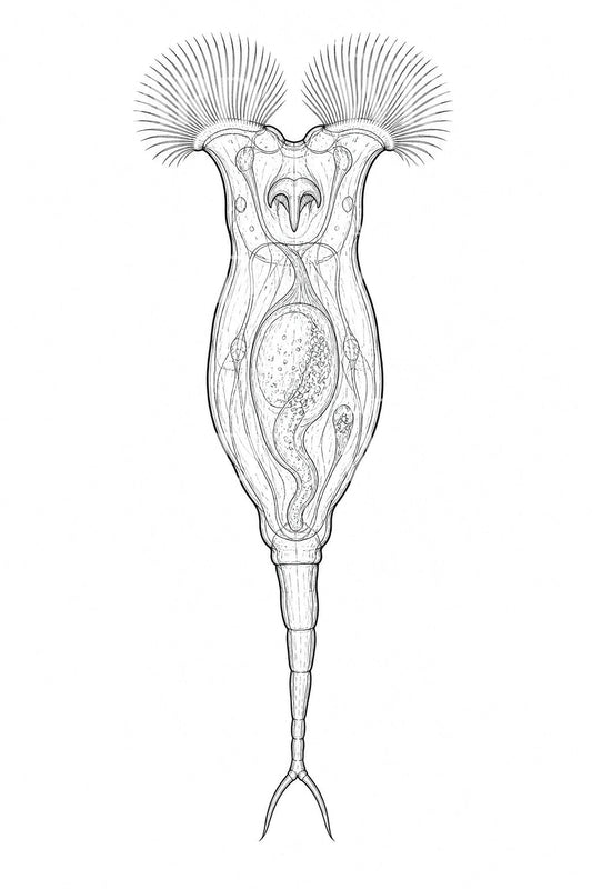 Tatoeage-illustratie van een raderdiertje met trilhaarkroon